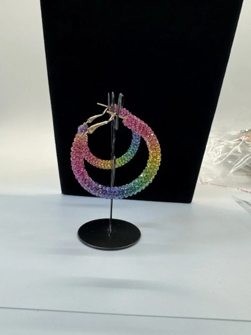 Rainbow Rhinestone Pave’ Hoop Earrings Multicolor Large Statement Dangle